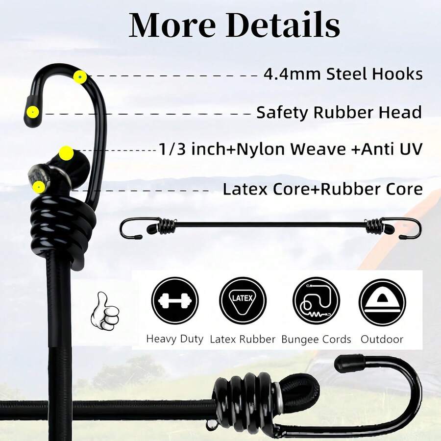 Latex Black Heavy Duty Outdoor 20 Inch Bungee Cords With Hook Bungee Straps 2Pcs20inch - Black - View 1