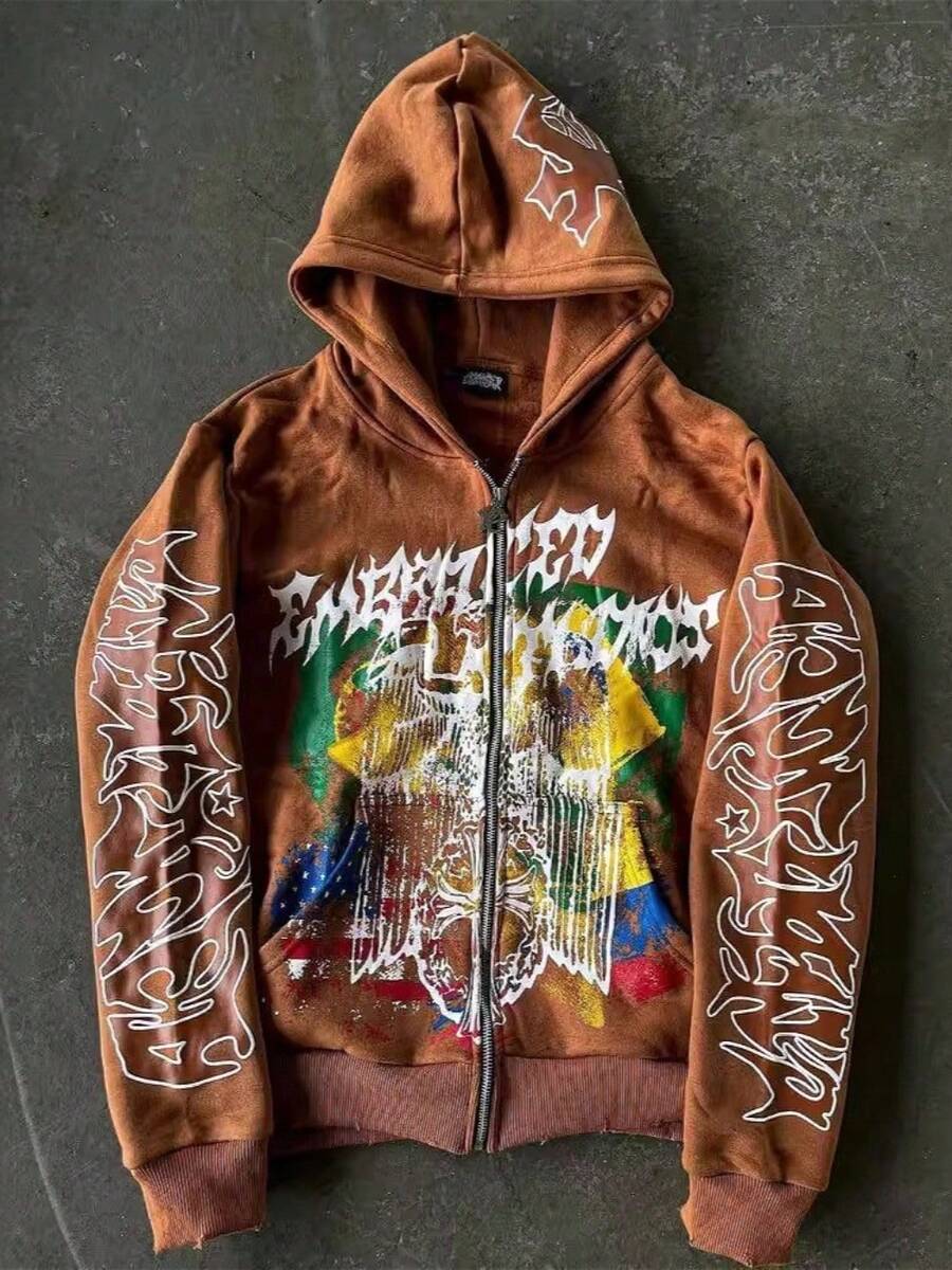 Street Hip-Hop Rock Style Loose And Casual Long-Sleeved Shirt For Men With Letter Pattern Print And Zipper Closure, Hooded Hoodie - Khaki - View 1