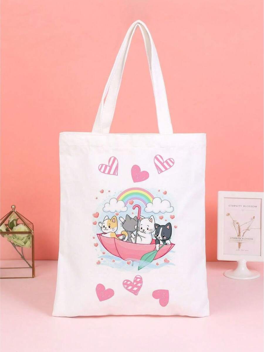 BOLSA ECOBAG FEMININA,UNISSEX , SACOLA, PROFISSÃO, CATOLICA, gatinhos fofo, fofura, MATERIAL OXFORD,MODA DIA A DIA - Branco - Visão 1