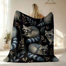 1pc Raccoons And Leaves On Black Background Pattern Printed Blanket Plush Flannel Blanket For Writing Desks Or Author Spaces - White - View 4