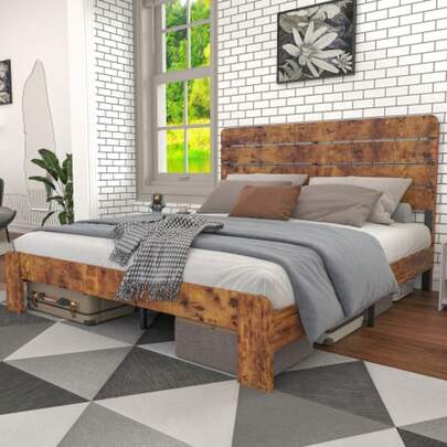 Wooden Double Bed 140 X 200 Cm, Antique Wooden Bed Frame With Iron Slatted Base And High Headboard, For Adults, Children And Teenagers, With Iron Tube Frame