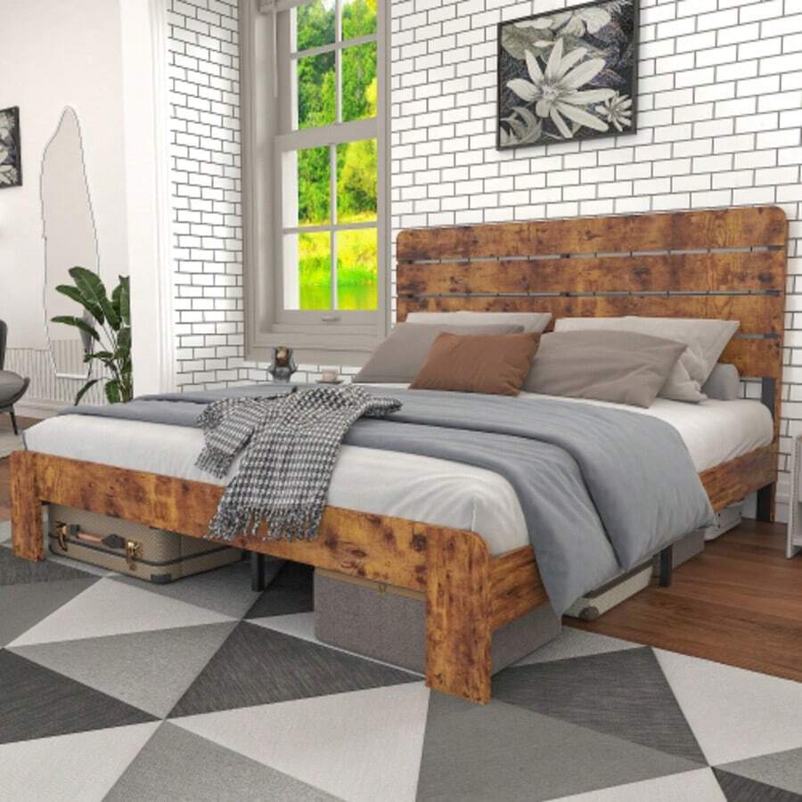 Wooden Double Bed 140 X 200 Cm, Antique Wooden Bed Frame With Iron Slatted Base And High Headboard, For Adults, Children And Teenagers, With Iron Tube Frame - Brown - View 1