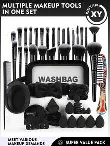 58PCS Makeup Tools Set Including:25PCS Makeup Brush Set+1pc Multi-Functional Zipper Toiletry And Cosmetic Bag Waterproof+6PCS Makeup Sponges+7PCS Mini Makeup Sponges+6PCS Triangle Powder Puffs+6PCS Mini Air Cushion Powder Puffs+1pc Hairband+2PCS Hand Bowl Strap+1pc Makeup Brush Cleaning Tools+1pc Facial Cleansing Sponges+2PCS Hair Comb - Black - View 13