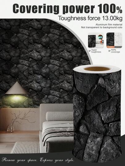 1卷 1米/3米/5米 复古黑灰色石纹艺术风格壁纸，适用于家居装修、房间装饰、橱柜翻新、浴室装饰，防水、防污、柔韧、易清洁、自粘