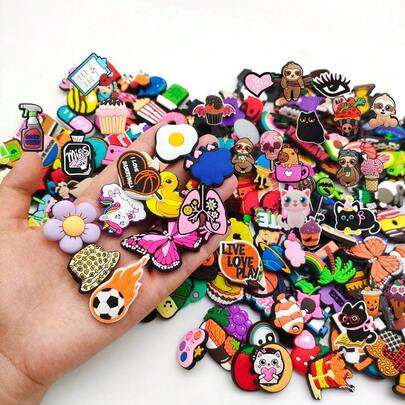 Random 10/30/50/100Pcs Assorted Varieties Series Shoe Charms For Shoe DIY Decoration Premium Quality Popular Charms Accessories Bubble Slides Sandals, PVC Shoe Decorations Beach Bag Accessories Great Gift For Teens Men Women And Adults