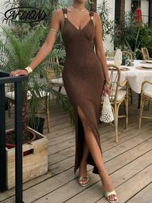 Aflion 女士性感棕色褶皱露背开衩修身长裙 - 金属环V领，时尚复古简约辣妹风，适合度假派对、夏季、约会、购物、海滩度假、音乐会、聚会等场合。 - 棕色 - 查看 7