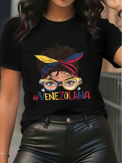 Women's #Venezolana Graphic Tee Short Sleeve Crew Neck T-Shirt With Curly Hair Girl, Colorful Headband & Letter Print Casual Top