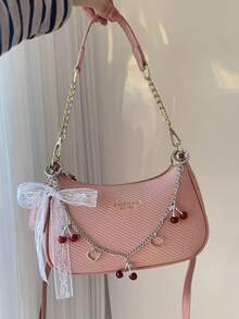 Túi đeo vai/túi xách tay hình lưỡi liềm bằng da PU màu trơn, thiết kế chữ cái độc đáo, kiểu dáng thời trang mới năm 2025, phù hợp cho mua sắm hoặc đeo chéo. - Hồng - Xem 8