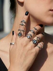 6件套蝴蝶、蜘蛛、花朵和几何复古风格戒指套装 - 彩色 - 查看 2
