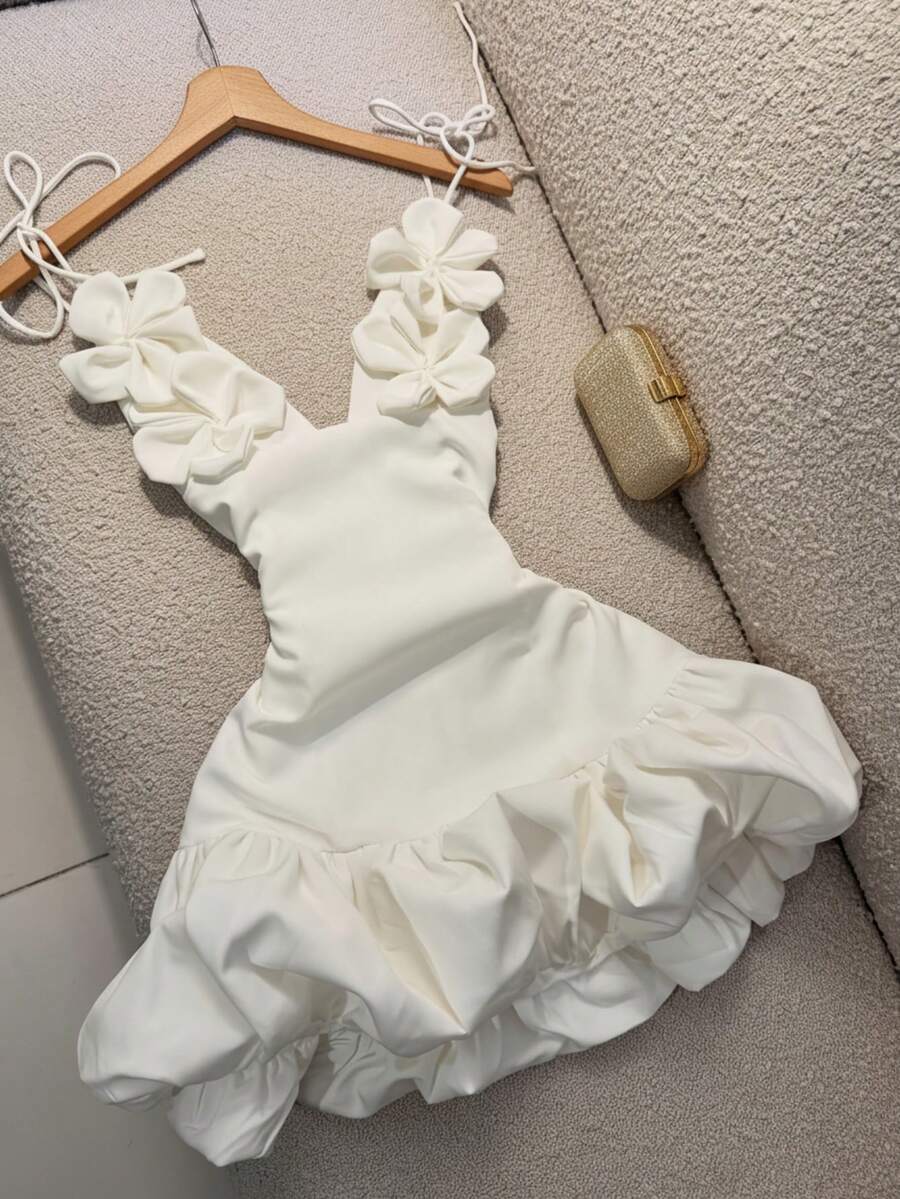 Women's Floral Decor Valentine's Day Party Evening Dress, Sexy Bud Strap Dress - White - View 1