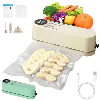 1个（乳白色迷你数码显示款）1200mAh二合一充电真空封口机，小型电动厨房工具，适用于密封海鲜、猪肉、牛肉、羊肉、蔬菜、香料、豆类和奶粉