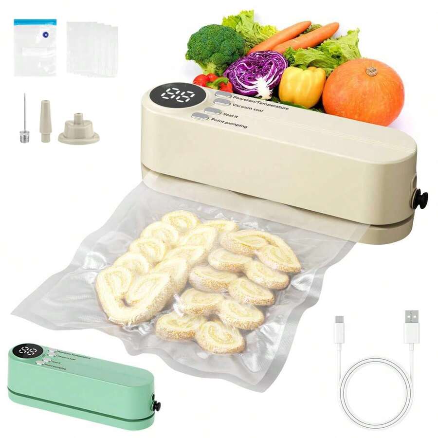 1个（乳白色迷你数码显示款）1200mAh二合一充电真空封口机，小型电动厨房工具，适用于密封海鲜、猪肉、牛肉、羊肉、蔬菜、香料、豆类和奶粉 - 白色 - 查看 1