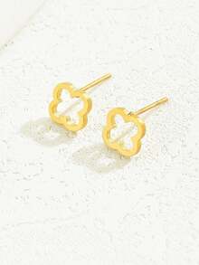 1 par de pendientes tipo botón vintage con trébol y copo de nieve para mujeres, pendientes de cartílago simples y versátiles - Amarillo Oro - Ver 10
