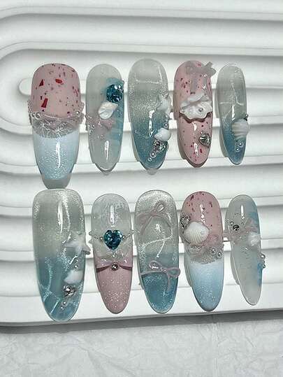 10 Pieces Blue Summer Nails Cute 3D Bow Cherry Pink French Handmade Press On Nails Lattice Heart Pearls Glitter Fake Nails Sweet Ballet Nail Art Girls Gift Beach Essentials Nail Supplies (1 Sheets Jelly Stickers+1PC Nail File)