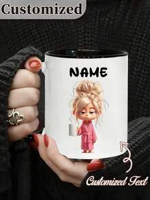 11oz Personalized Coffee Mug - Customizable Name Ceramic Cup, Cute Lazy Girl Design, Dishwasher & Microwave , Leak-Proof, Suitable For Hot & Cold Drinks, Great For Office, Home, Birthday, Coffee Shop And More, Novelty Illustration - Multicolor - View 1