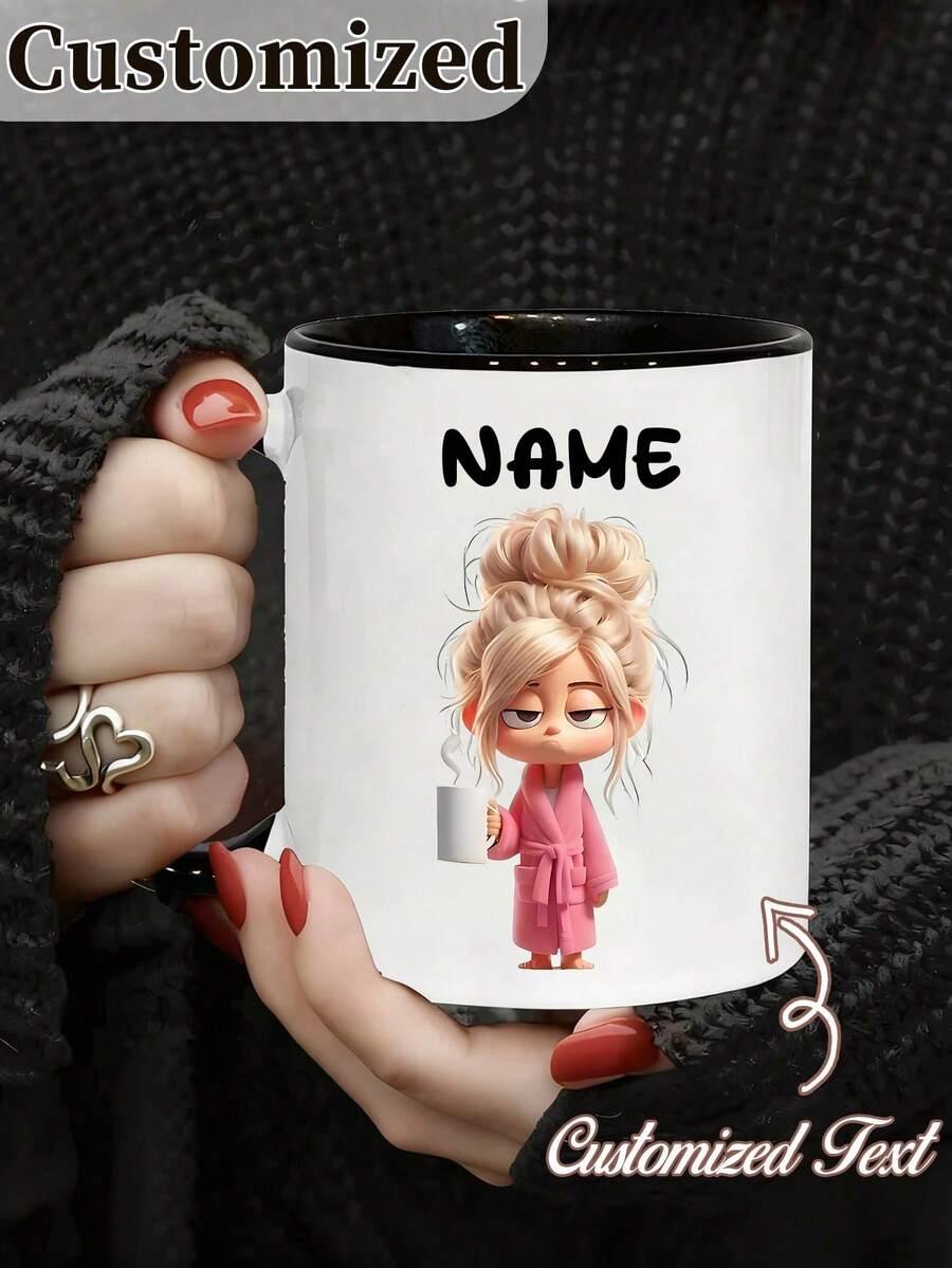 11oz Personalized Coffee Mug - Customizable Name Ceramic Cup, Cute Lazy Girl Design, Dishwasher & Microwave , Leak-Proof, Suitable For Hot & Cold Drinks, Great For Office, Home, Birthday, Coffee Shop And More, Novelty Illustration - Multicolor - View 1