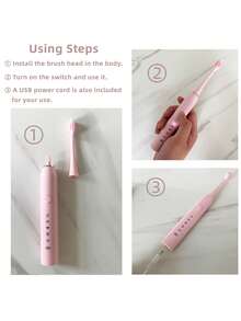 3 cabezales de repuesto para cepillo de dientes eléctrico, IPX7 a prueba de agua, 5 modos de limpieza, larga duración de la batería, recargable por USB, cepillo de dientes eléctrico para adultos, color rosa - Rosa - Ver 5