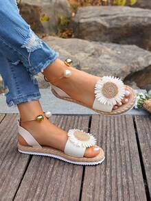 Nuevos sandalias de verano con diseño de diosa dulce, versátiles para la playa y vacaciones, con suela antideslizante y suave, con diseño de girasol - Beis - Ver 3