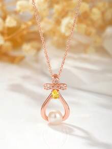 1pc Rose Gold Plated Copper Minimalist Necklace For Women, Suitable For Daily Wear, Valentine's Day/Anniversary/Holiday Gift - Necklace 0777 - View 1