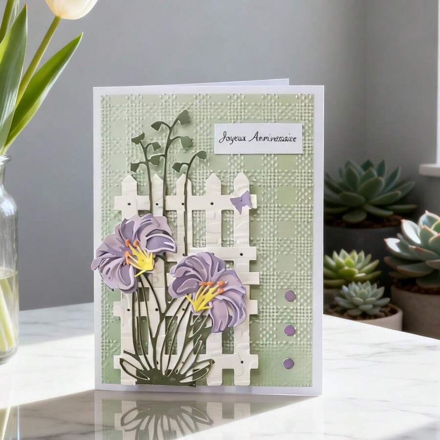 创意栅栏和花朵金属切割模具，DIY剪贴簿相册和压花模板，贺卡制作工具，卡片纸切割工艺品，礼品卡制作模板模切。 - 銀色 - 查看 1