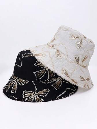 1顶优雅涤纶串珠亮片拼接复古宫廷风休闲波西米亚遮阳帽，轻便透气可折叠宽檐刺绣花朵渔夫帽，适合春、夏、秋季佩戴。