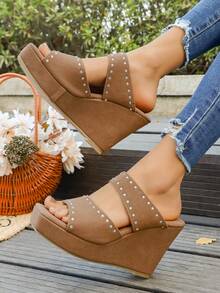 Solid Color Thick Sole Platform Sandals, Strap Super High Heel Matte Open Toe Wedge Sandals, Khaki Color, Wedge Shoes, Versatile Square Toe Studded Women Shoes - Khaki - View 4
