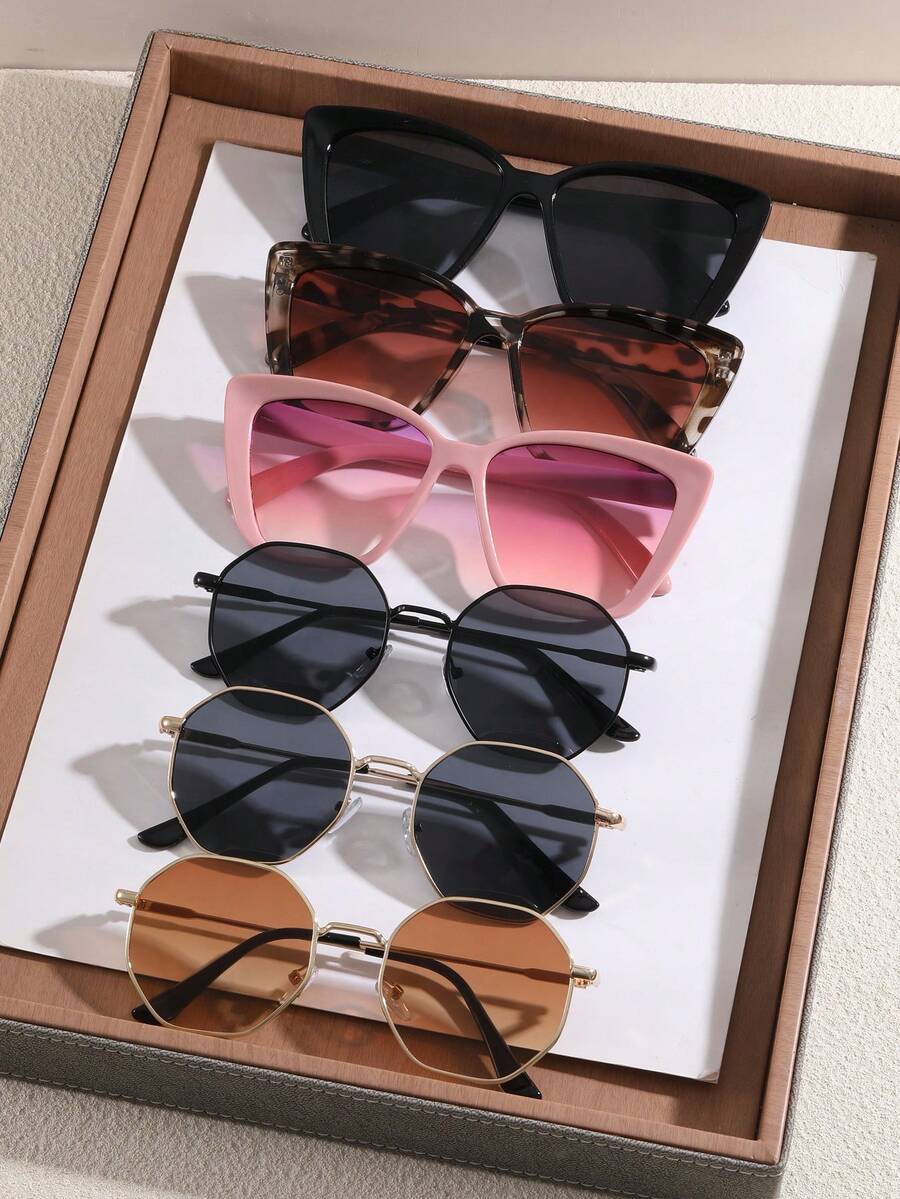 6副塑料几何全框经典Y2K现代简约风格休闲时尚女式眼镜，适合夏季狂欢节外出装扮，适合所有脸型配饰 - 彩色 - 查看 1