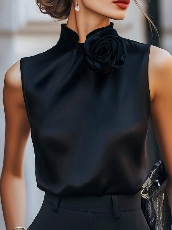 Women's Elegant Minimalist Commuter Black Solid Color 3D Floral Decor Mandarin Collar Sleeveless Blouse, Spring/Summer