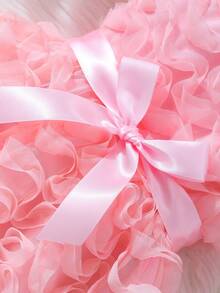 女童圆领荷叶边网纱上身腰部系带蝴蝶结装饰公主裙，优雅时尚夏季款（含可拆卸腰带） - 粉色 - 查看 6