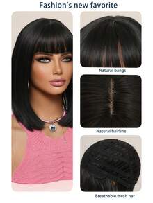 自然黑色短款波波头假发，12英寸，女士款，外观自然，高品质蓬松透气，采用耐热合成纤维制成，专为时尚日常佩戴而设计，非常适合约会、摄影、角色扮演、优雅派对、音乐节和休闲聚会等场合。 - 黑色 - 查看 7