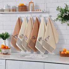 6pcs Waffle Embroidered Coffee Series Towels, Tea Towels, Home & Kitchen Cleaning Cloths - Multicolor - View 6