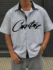 男士修身赛车风大字母印花短袖衬衫，Y2K 高街街头服饰 - 彩色 - 查看 1