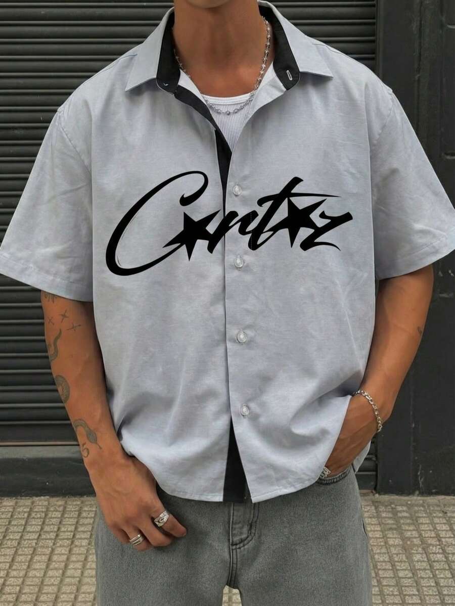 男士修身赛车风大字母印花短袖衬衫，Y2K 高街街头服饰 - 彩色 - 查看 1