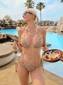 Women's Knitted Bikini Set, Orange Brown White Yellow Plaid Print, Halter Neck Tie, Side Tie Back - Multicolor - View 3