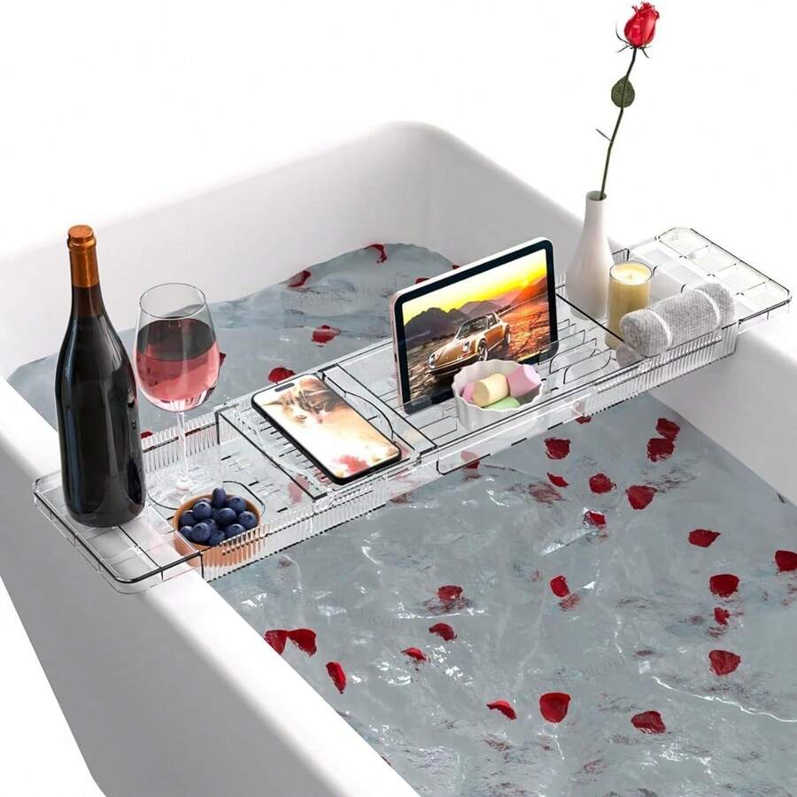 Expandable Bathtub Trays For Tub, Acrylic Bath Shelf Over Tub, With Non-Slip Design IPad Holder For Books Phone - mặc định - Xem 1