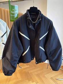 女士短款夹克风衣外套，宽松休闲飞行员夹克，春秋时尚黑色 - 黑色 - 查看 6