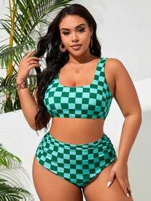 Fresh Green And White Gingham Plus-Size Bikini Set.High-Waisted Bikini Bottoms With Tailored Cut Slim And Flatter Your Figure. A  And Sexy Swimwear Piece For Women, It's A Beachside Essential. - 綠色 - 查看 6