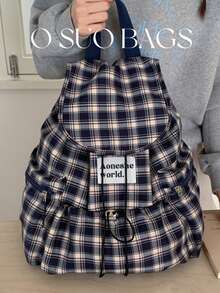 Large Capacity Fashionable Plaid Multi-Pocket Nylon Casual Backpack, Waterproof Lightweight Foldable Drawstring Patch Letter Travel Bag, Summer - Navy Blue - View 13