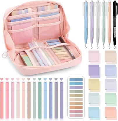 Jutom 39 Pcs Aesthetic Book Annotation Kit Highlighter With Pencil Case Bag Gel Pen Transparent Sticky Note Taking Bible Study College School Supplies(White,Classic Style)
