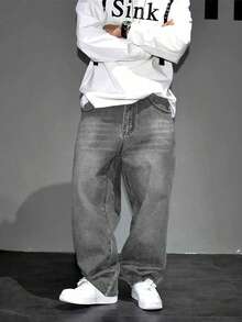 Y2K休闲直筒牛仔裤，适合青少年男孩 - 水洗牛仔布，宽松休闲街头风，户外牛仔裤，90年代复古经典牛仔裤 - 灰色 - 查看 5
