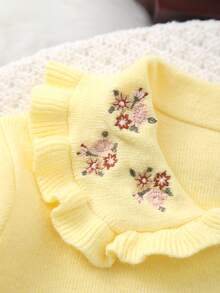 Girls' Elegant Embroidered Collar Long Sleeve Knit Sweater - Yellow - View 4