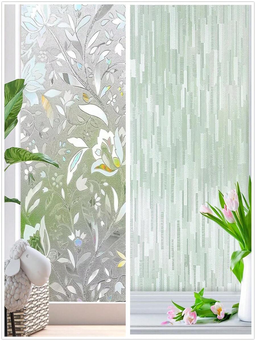 1Roll Window Privacy Film, Frosted Glass Static Cling Sun Heat Blocking Window Clings, Frosting Opaque Coverings, Vinyl Removable Stickers Tint For Home Door Office, Non Adhesive - Multicolor - View 1
