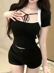 新款春夏女式针织短袖T恤，正面撞色系带蝴蝶结设计 - 黑色 - 查看 5