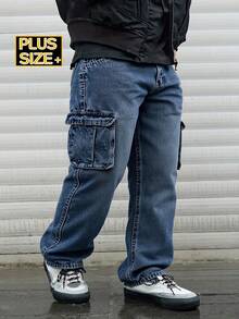 Plus Size Men's Denim Pants 1XL-6XL, Men's Vintage Workwear Jeans, New Autumn And Winter Style, Loose Straight Pants, High Waist Non-Slip, Soft Skin-Friendly Fabric, Fashionable Casual Street Commuting Versatile - 孔雀藍 - 查看 2