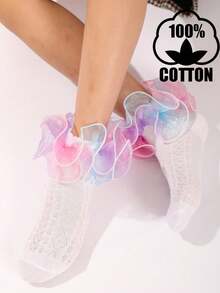 1 Pair Cotton Breathable Colorful Lace Trim Short Socks, Suitable For Girls, All Seasons, Dancewear Accessory - Multicolor - View 7