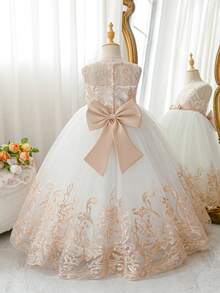 Flower Girl Lace Dress For Kids Wedding Bridesmaid Pageant Party Formal Long Gown Princess Communion Tulle Bow Evening Dresses - Vàng - Xem 2