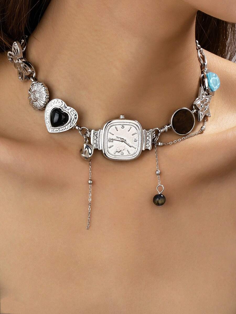 1 chiếc vòng cổ đa năng phong cách Y2K với mặt dây chuyền hình đồng hồ/trái tim/ngôi sao/bướm, dây chuyền charm thời trang dành cho nữ, món quà lý tưởng cho ngày Valentine (Thiết kế lấy cảm hứng từ đồng hồ, ý nghĩa: Lưu giữ khoảnh khắc đẹp nhất, để lại những kỷ niệm ngọt ngào nhất) - Bạc - Xem 1