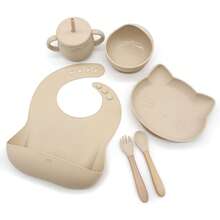 硅胶婴儿喂养套装 | 6件套/4件套婴儿自主进食餐具 | 分格吸盘碗、围兜、吸管杯、婴儿零食盒、勺子、叉子 - 彩色 - 查看 10