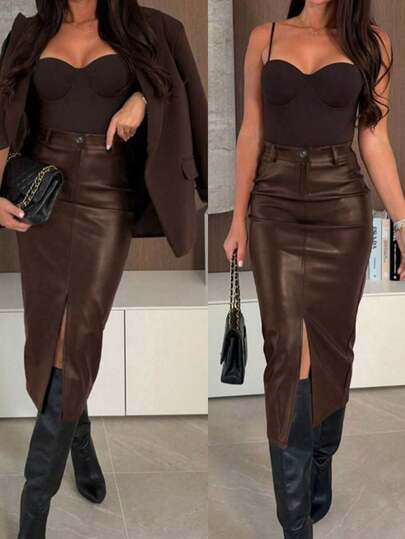 Falda de cuero PU con abertura en el muslo de cintura alta de unicolor para mujer, falda esbelta elegante de línea A, falda, falda marrón, falda casual, falda de cuero para citas, conjunto de primavera y verano para mujer, falda para el Día de San Valentín