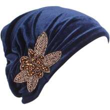 Women's Stretch Velvet Turban Hat Cancer Chemo Beanie Beaded Flower Hair Wrap Cap Headwear - 均碼-中號 + 海軍藍 - 查看 1